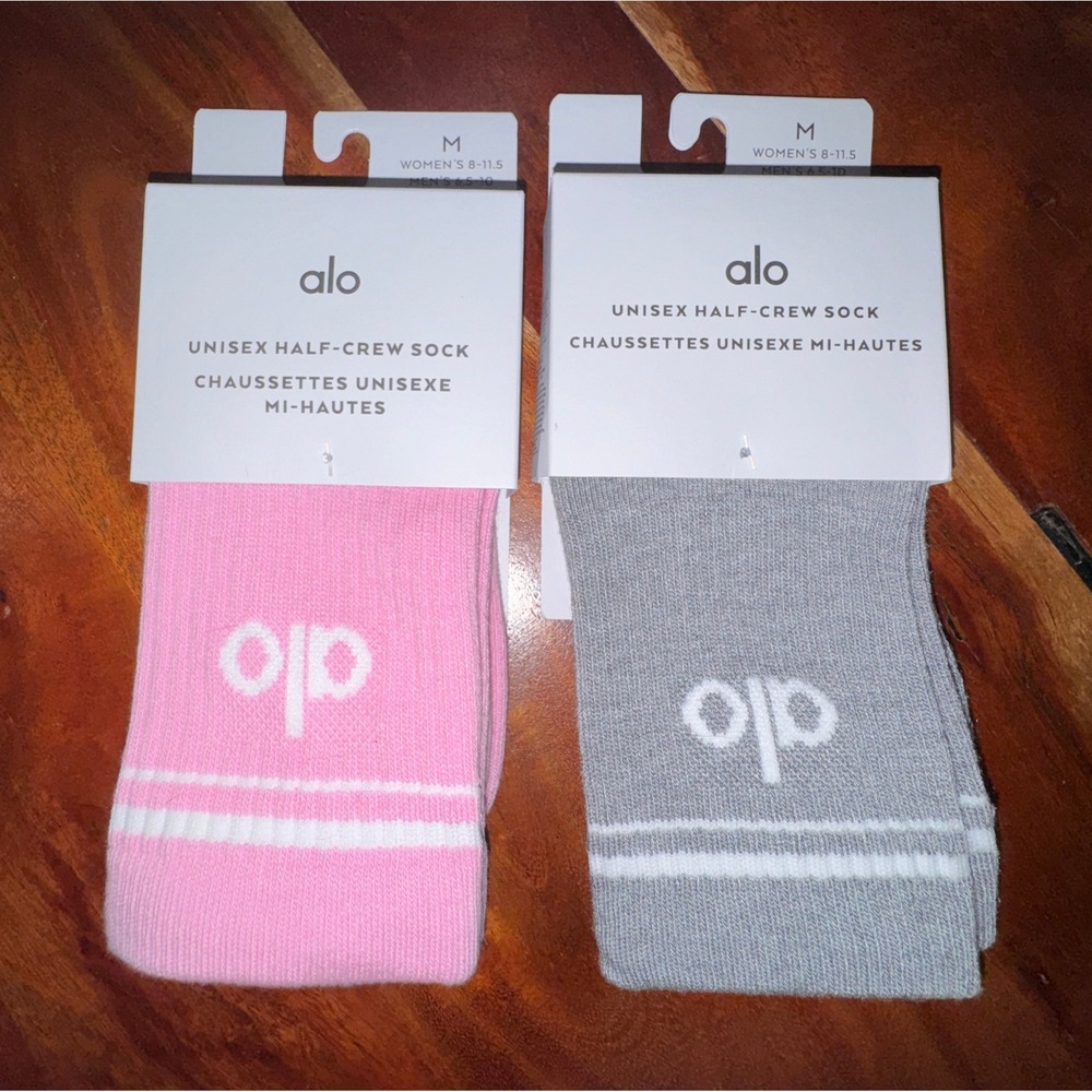 Alo Yoga Unisex Half-Crew Sock Bundle 2 Pairs Sweet Pink & Athletic Grey Medium